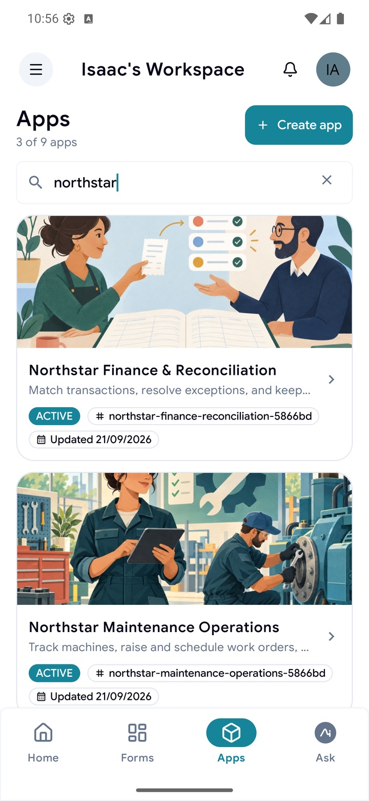 The TraceSource workspace on a phone, listing Apps